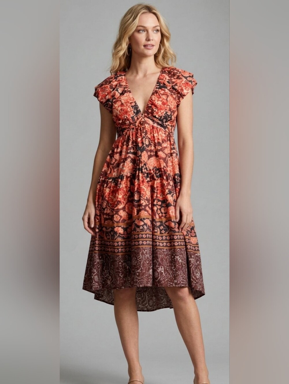 Anthropologie Floral Tie-Back Dress - Navy & Rust